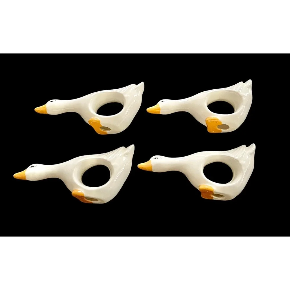 Set Of 4 Vintage Ceramic Geese/ Duck/ Swan White‎ Napkin Rings 4.5
